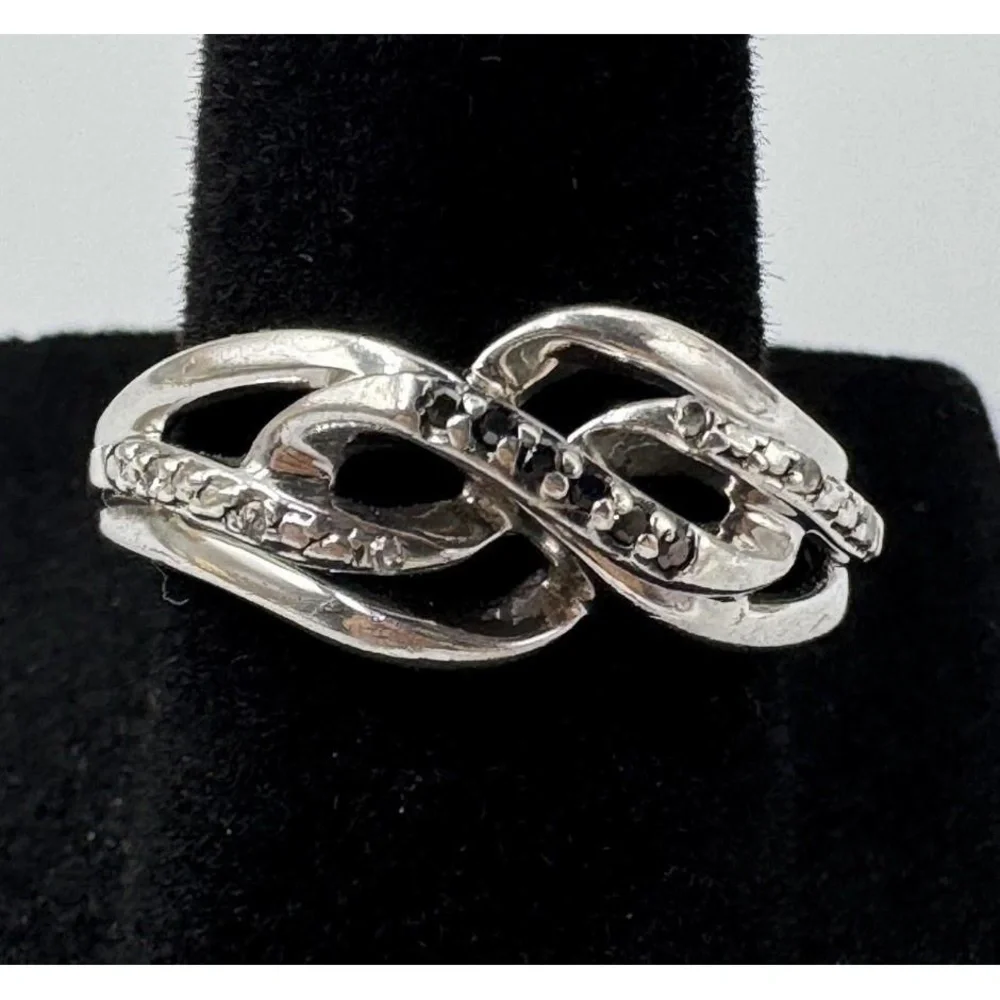 Sterling Silver 925 Clear & Black Diamond Crossover Anniversary Ring Size 7